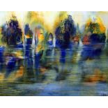 A watercolour painting by Kate Bentley "Boats on Coniston" double mounted, framed and glazed