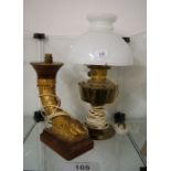 Brass oil lamp with shade and electric conversion,