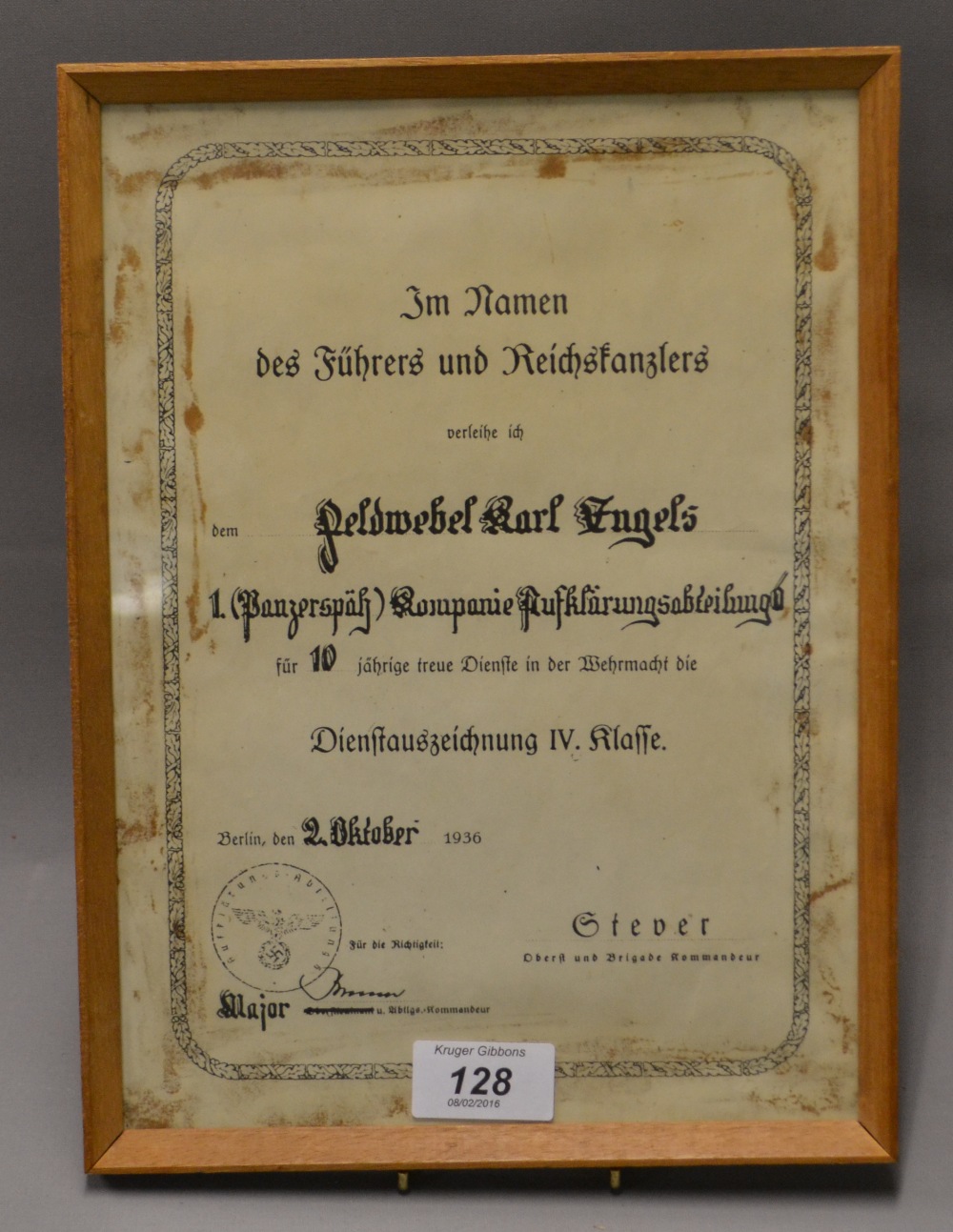 A medal-certificate for the four-year se