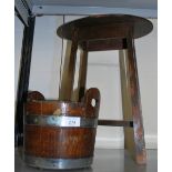 An oak bound ice bucket and a small oak plant stand.