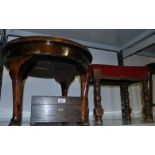 Circular mahogany coffee table, and upholstered stool and a rosewood box for restoration.