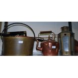 Mixed metalware to include; copper kettle, brass preserve pan etc.