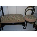 Ebonised woolwork footstool and a miniature bentwood chair with similar upholstery.