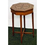 Oak Arts and Crafts octagonal occasional table with a poker-work decorated top