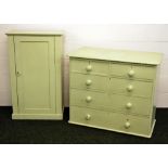 A painted pine two over two chest of drawers and a painted single door cupboard.