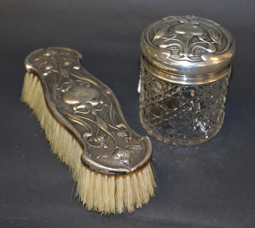 An Art Nouveau silver backed dressing brush along with a silver topped cut glass jar. - Image 2 of 2