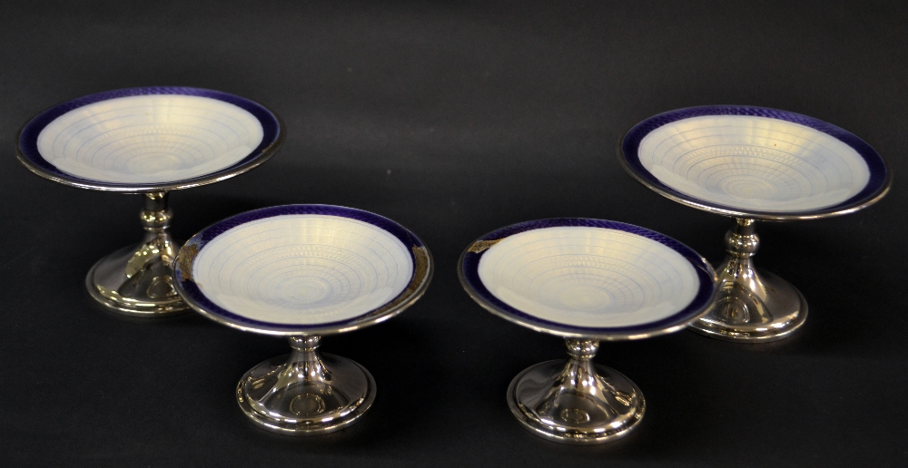 Two pairs of hallmarked silver and guilloché patterned enamel pedestal dishes (a/f)