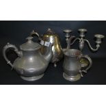 Selection of pewter and silver plate items.