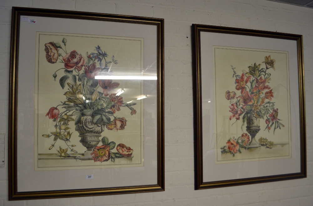 A pair of large hand coloured floral prints. Mounted, framed and glazed. - Image 2 of 2