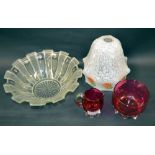 A selection of decorative Victorian and later glass, including cranberry-glass,