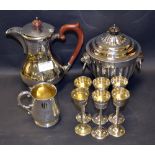 A Walker and Hall silver plated coffee pot, a Walker and Hall silver plated christening mug,