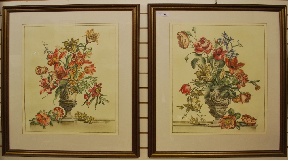 A pair of large hand coloured floral prints. Mounted, framed and glazed.