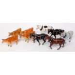 Britains Lead Farm group, 9 pieces to include 4 Jersey Cows and 5 various shire horses,