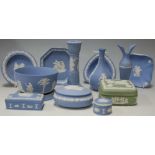 A small collection of assorted Wedgwood jasper wares to include trinket jar and cover, candlestick,