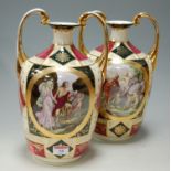 A pair of Vienna style porcelain twin handled vases each decorated with classical scenes