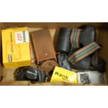 A box of assorted cameras and accessories to include;