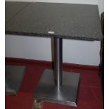 A set of four contemporary variegated marble topped square section cafe tables,