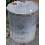 A galvanised metal hinge top bin of circular form