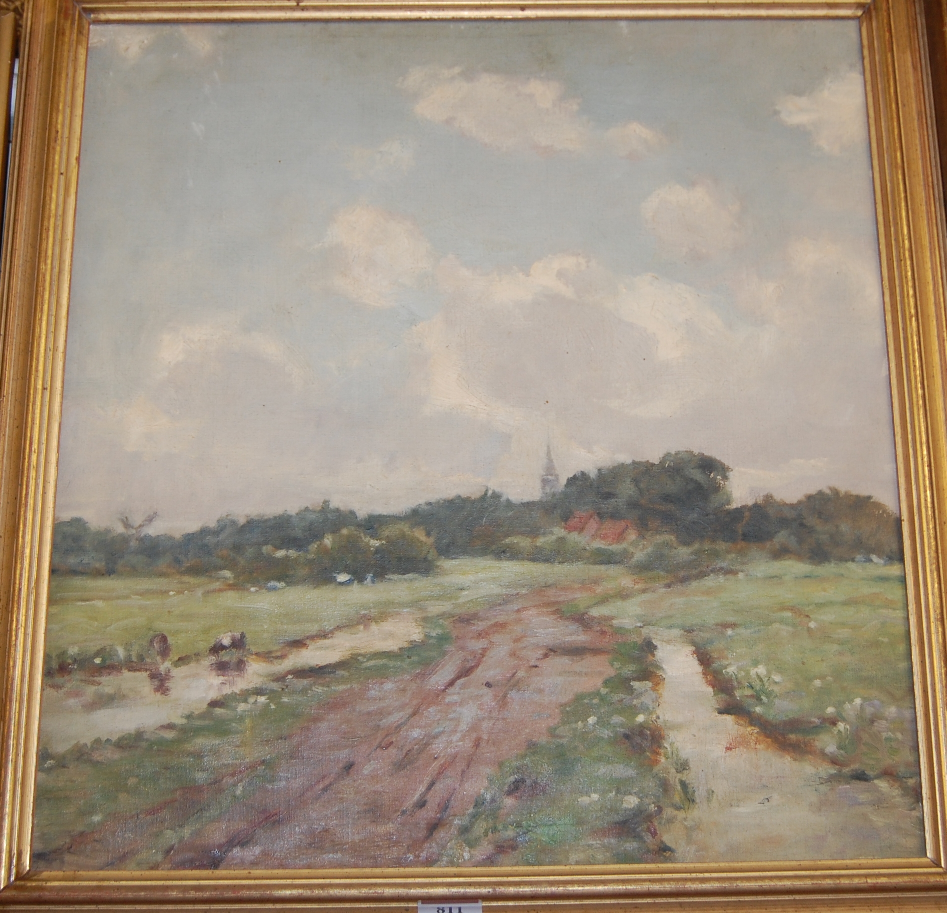 Mid-20th century school - Rural landscape with church spire in the distance, oil on canvas,