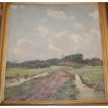 Mid-20th century school - Rural landscape with church spire in the distance, oil on canvas,