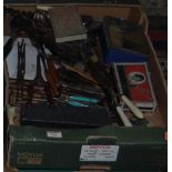 Two boxes of various shoemakers tools,