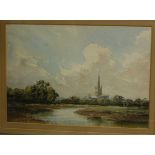 20th century East Anglian school - Norwich Cathedral from across the Wensum, watercolour,