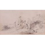 Edward Robert Smythe (1810-1899) - Family group before a thatched cottage, pencil drawing,