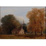 In the manner of Obadiah Short (1803-1886) - Timbered church in a woodland setting, oil on board,