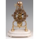 A late Victorian brass skeleton clock, under associated glass dome and on stepped marble plinth,