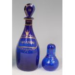 A late Georgian Bristol Blue glass mallet decanter and stopper, decorated in gilt,