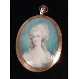 Late 19th century school - Bust portrait of a maiden, miniature watercolour on ivory, 6.