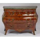 A French walnut and marble topped bombe commode, in the Louis XV style,