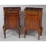 A pair of French Napoleon III kingwood, rosewood, walnut and floral marquetry table de chevet,