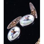 A pair of gents gilt metal enamel and crystal set cufflinks, modelled as racehorse with jockey up,