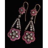 A pair of circa 1900 ruby and diamond ear pendants,
