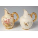 A circa 1900 Royal Worcester blush ivory jug, having hand-painted foliate panels with gilt handle,