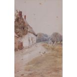 Claude Hayes (1852-1922) - Ducks before a thatched cottage, watercolour, signed lower right,