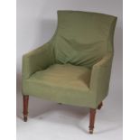 A circa 1900 mahogany framed and upholstered open armchair, on turned supports, w.
