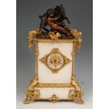 A 19th century French bronze, gilt bronze and marble mantel clock,