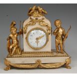 A late 19th century French gilt metal and alabaster mantel clock, having enamelled convex dial,