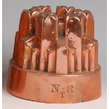 A Victorian copper ring jelly mould, of six ribbed square columns,