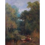 William Widgery (1822-1893) - Cattle with sheep watering in a woodland stream, oil on canvas,