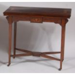 A Sheraton Revival rosewood and marquetry inlaid card table,