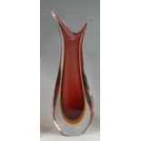 A 1960s Murano art glass vase, having a ruby cased interior, of shaped and flattened form, h.37.