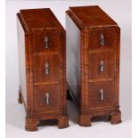 A pair of Art Deco figured walnut and crossbanded three drawer bedside chests,