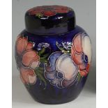 A mid-20th century Moorcroft Anemone pattern pottery ginger jar and cover,