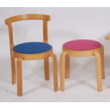 A 1960s Danish layered plywood childs chair and stool, by Magnus Olsen, having fixed padseats,