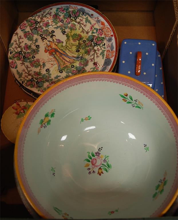 A box of miscellaneous china to include a large Adams Calyx ware bowl in the Chinese style,