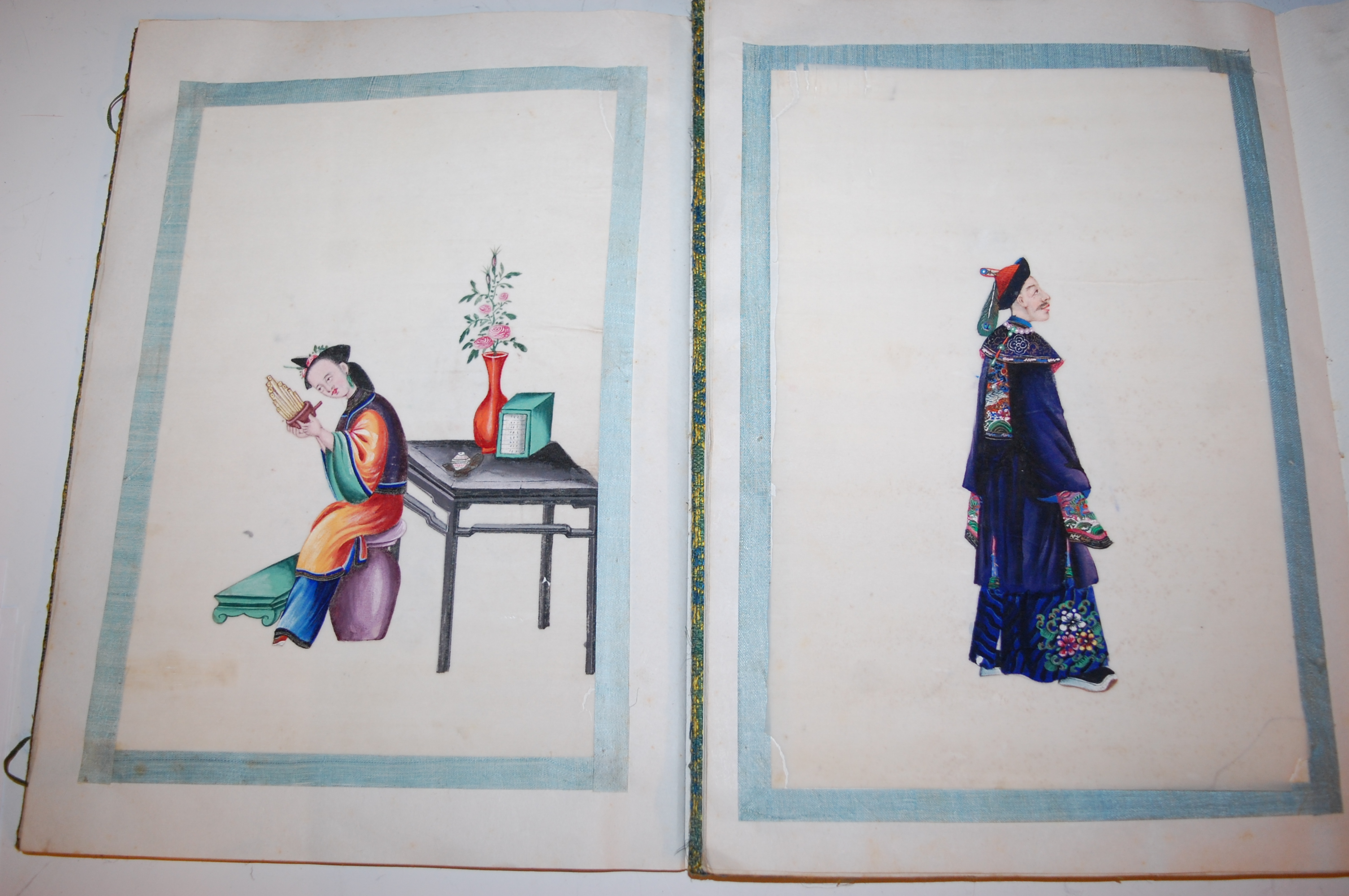 Two Chinese cloth covered scrap albums containing late Qing Dynasty pith paintings, - Image 12 of 19