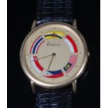 A gents Kutchinsky 18ct gold cased wristwatch, the signed dial depicting the flags of Bhutan,